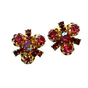 Vintage Red Irridescent Rhinestone Clip Earrings